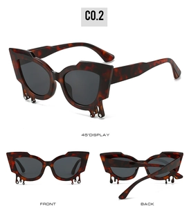 Cat eye tortoiseshell sunglasses with crystal teardrop drips shown in three angles