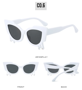 Three-view display of cat-eye sunglasses with white frames and melting teardrop rhinestones