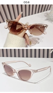 Detail view of stylish cat-eye sunglasses with transparent jelly frames and gradient lenses