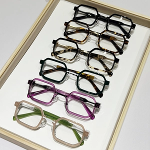 Retro hip-hop square sunglasses in various colors displayed on a premium wood tray