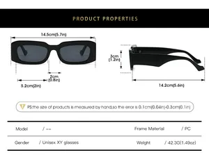 Detailed size chart for minimalist rectangular sunglasses showing frame dimensions in cm