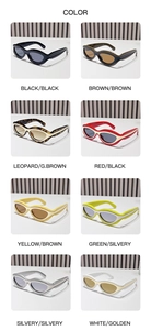 Matrix of eight retro oval cat-eye sunglasses in various colors on a white background