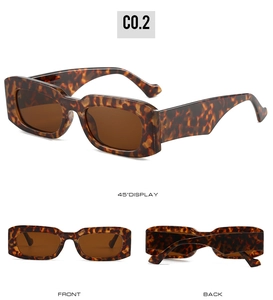 Three-view display of rectangular tortoiseshell sunglasses with dark brown lenses