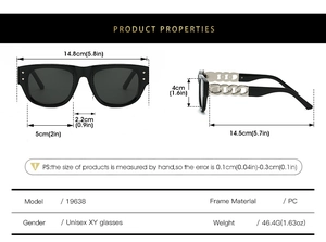Detailed size specifications of oversized square sunglasses with metal chain temple design