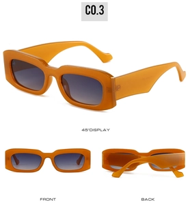 Multi-angle views of amber orange rectangular sunglasses with thick frames and gradient lenses