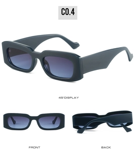 Detailed views of thick-framed rectangular sunglasses with gradient blue lenses in dark grey blue