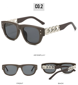 Three-way view of square sunglasses featuring thick brown frames and silver metal chains
