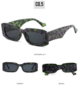 Three views of square sunglasses in green camouflage pattern with thick frames