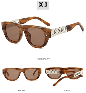 Three views of tortoise shell square sunglasses with chunky silver chain metal temples
