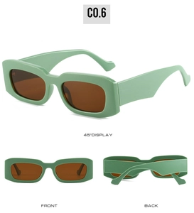 Three-angle view of mint green rectangle sunglasses with dark brown lenses