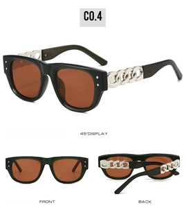 Detail view of square sunglasses featuring bold silver chain temples and rivet accents