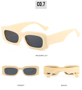 Three views of cream square sunglasses showing 45-degree angle, front and back design