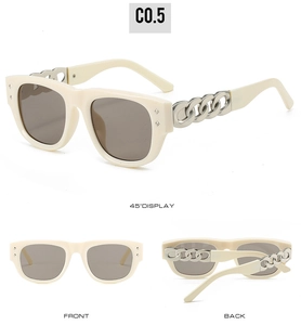 Detailed views of square cream sunglasses featuring metallic chain temple designs