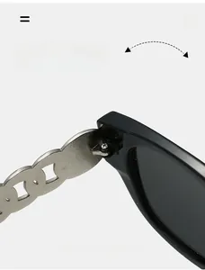 Macro detail of high-quality metal hinge and silver chain temple on black square sunglasses