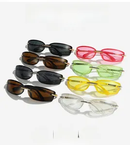 Macro detail of Y2K square sunglasses with metal hinges and colorful frameless lenses