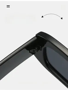 Detail of durable black metal hinge and sleek frame on square fashion sunglasses