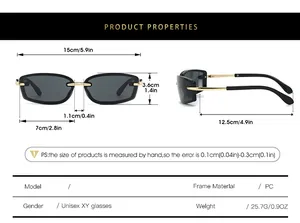 Detailed size chart for Y2K square sunglasses with frame and lens measurements