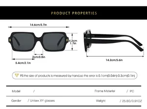 Detailed size chart showing dimensions and technical specifications of the retro sunglasses