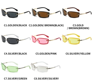 Matrix view of rectangular rimless Y2K sunglasses in eight vibrant candy color options