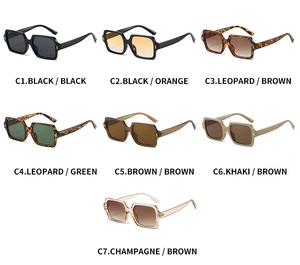 Collection of square sunglasses in seven colors featuring metal hinge details