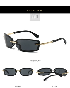 Detailed views of square Y2K sunglasses with gold metal temples and grey lenses