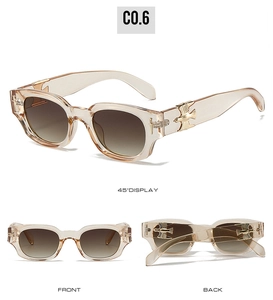 Détails de lunettes carrées avec décor d'oiseau doré et monture couleur champagne