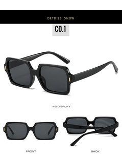 Detailed views of vintage square sunglasses with gold temple accents and black resin frames
