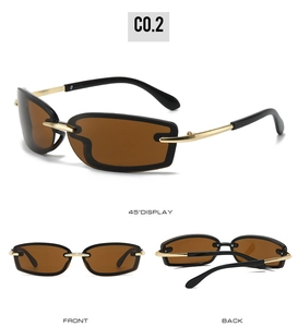 Three-angle display of Y2K square sunglasses with brown lenses and golden metal temples