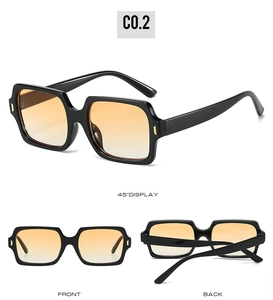 Three-angle view of vintage square sunglasses with black frames and orange gradient lenses