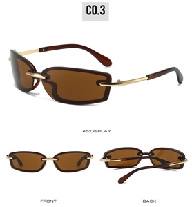 Three-view display of square Y2K sunglasses with gold metal temples and brown lenses