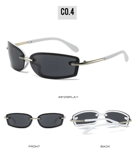 Three-view display of Y2K square sunglasses with white temples and grey lenses