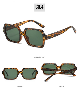 Three-angle view of vintage square sunglasses with tortoiseshell frames and dark lenses