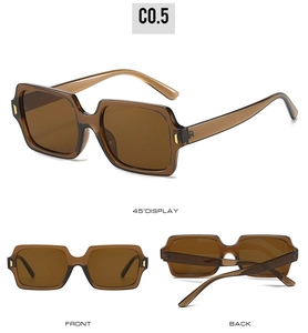 Three perspectives of vintage square sunglasses in translucent brown with gold hinges