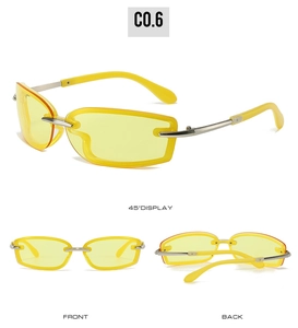 Detailed views of Y2K square sunglasses with yellow lenses and silver metal temples