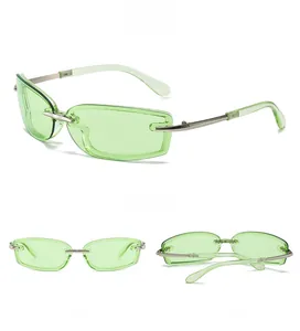 Three views of Y2K square rimless sunglasses with green lenses and slim metal temples