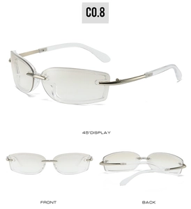 Multiple views of Y2K square rimless sunglasses with silver metal temples and clear lenses