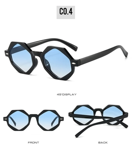 Drei Ansichten einer Polygon-Sonnenbrille mit schwarzem Rahmen und blauen Verlaufsgläsern