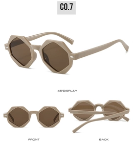 Mehrere Ansichten der stylischen geometrischen Khaki-Sonnenbrille mit dickem Rahmen und Gläsern