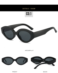 Three-way view of retro thick-frame cat-eye sunglasses in glossy black finish