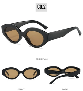Three-way display of black oval cat eye sunglasses with light brown lenses in 45-degree views