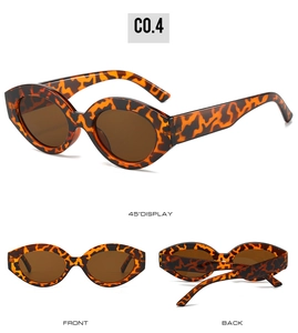 Detailed views of leopard print cat eye sunglasses with brown lenses and 45 degree angle display