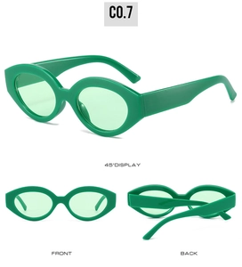 Three-way view of retro oval cat eye sunglasses in vibrant bright green finish