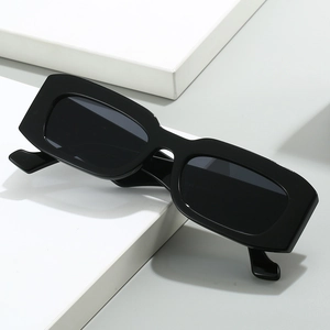 Classic square frame rectangular sunglasses with black glossy finish and dark lenses