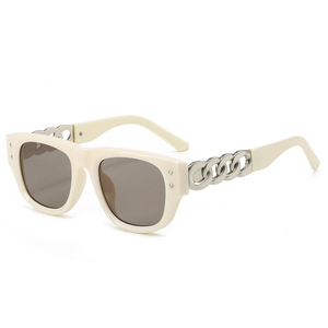 Fashionable oversized square sunglasses with cream frame and silver metal chain temples