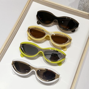 Retro oval sunglasses with thick frames and metallic inner trim in four trendy colors