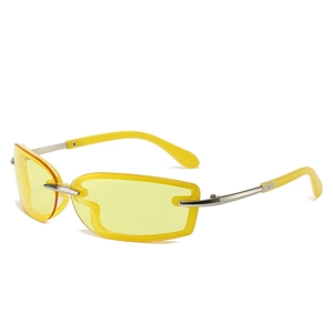 Y2K future style square rimless sunglasses with yellow lenses and silver metal temples