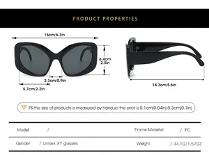 Detailed size specifications for oversized Y2K sunglasses with unisex PC frame measurements