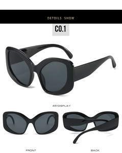 Detailed views showing black oversized Y2K sunglasses from front, side and back angles