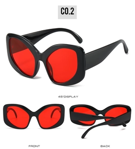 Oversized Y2K sunglasses with black frame and red lenses shown in multiple views