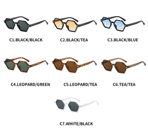 Multiple color variations of retro hexagonal frame sunglasses with detailed lens descriptions